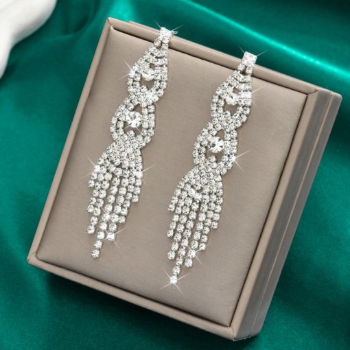 European and American exaggerated dangle earrings Korean style temperament and fully-jewelled earrings rhinestone tassel nightclub earrings dress banquet ear rings - 图片 6