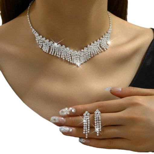 European and American fashion ins style design sexy full rhinestone tassel necklace vintage jewelry bride suit necklace ear stud 563 - Image 5