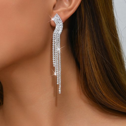 Fashion grandeur personality zircon tassel rhinestone earrings elegant long diamond nightclub earrings claw chain earrings - 图片 3