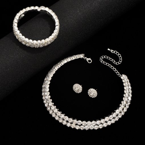 Hot sale luxury women's double row big water diamond silver collar hand ring stud earrings 3-piece set 888 - Image 4