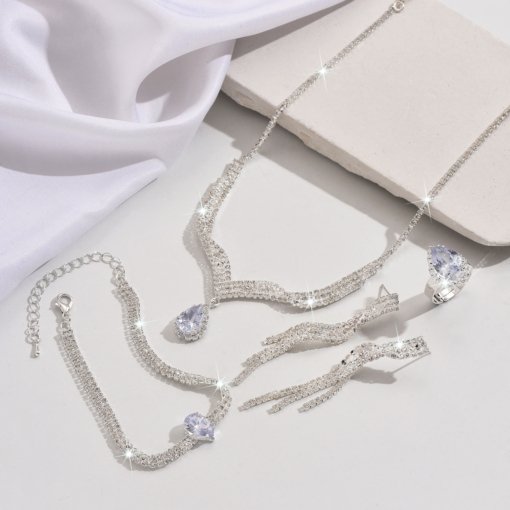 All-match Korean-style fashion zircon jewelry bridal wedding V-neck ornament wedding dress earrings necklace set - 图片 2