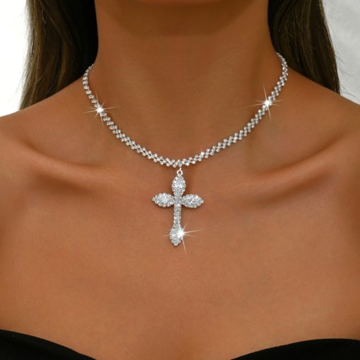 Cross-border personalized collar trendy fashion Joker cross necklace women's sweet choker full diamond necklace ornament