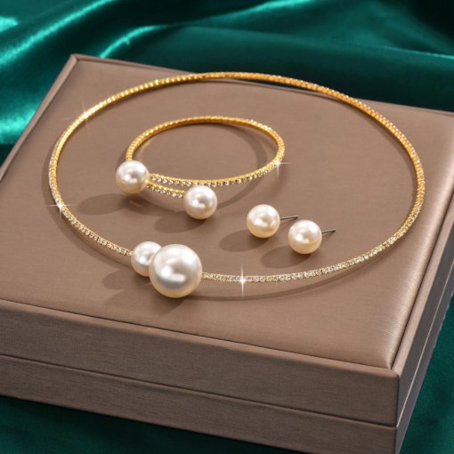 European and American fashion minimalist cross-border hot selling bridal ornament elegant shiny rhinestone Pearl neckband necklace stud earrings hand ring - 图片 6