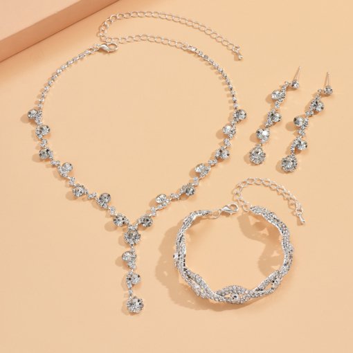 2022 fashion crystal rhinestone necklace ear stud bracelet three-piece jewelry accessories wedding decoration all-match bride - 图片 4