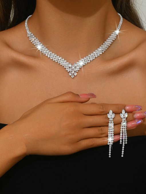 Cross-border AliExpress hot sale European and American bride ornament refined and simple clavicle necklace and earrings suite wedding dress accessories - Image 6