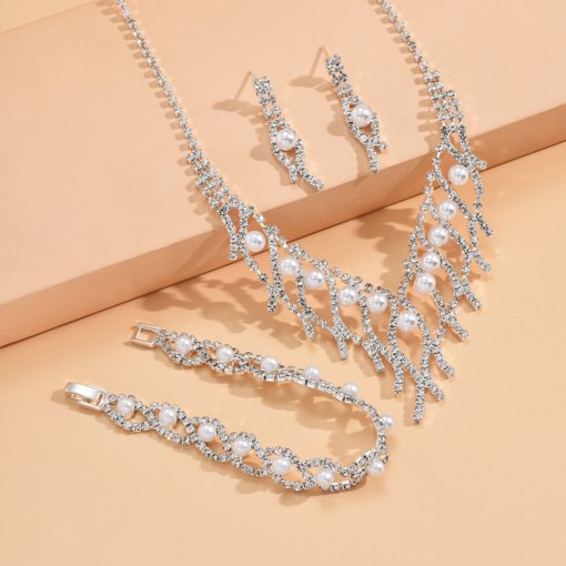 Cross-border jewelry wholesale fashion wedding photography women's simple rhinestone pearl necklace ear stud bracelet three-piece set - 图片 3