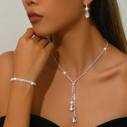 European and American simple jewelry water drop shiny wedding claw chain rhinestone dinner set chain necklace earrings bridal four-piece set - Image 2