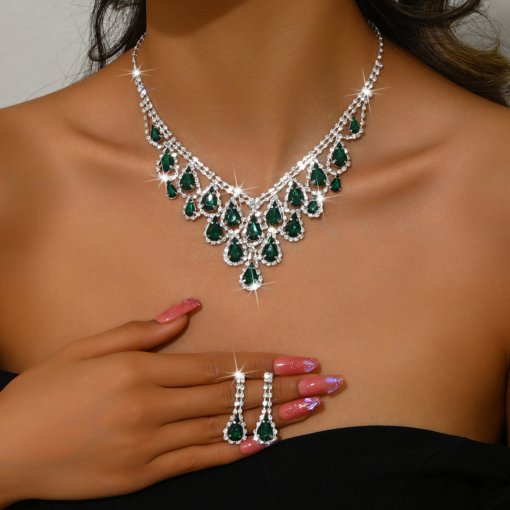 Foreign trade jewelry European and American diamond water drop necklace fashion personality necklace bridal evening dress necklace 2 pieces suit - Image 4