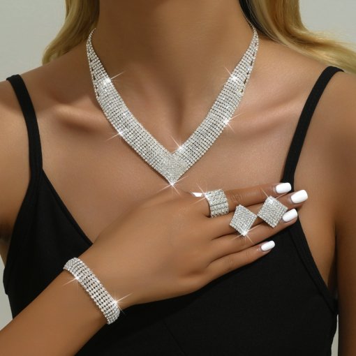 Fashion European and American style Middle East popular atmospheric rhinestone silver plated Bridal Ornament necklace bracelet stretch ring suit dress