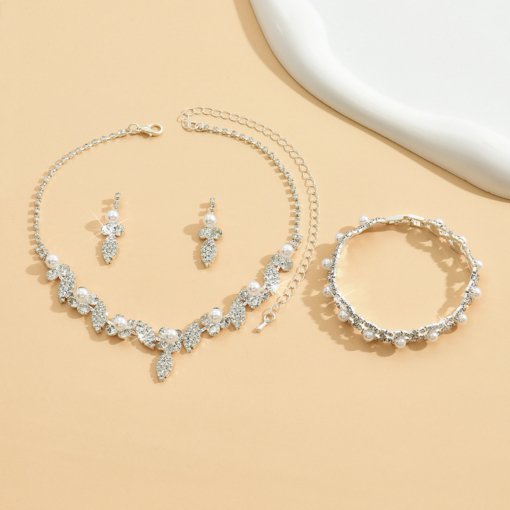 Cross-Border sold jewelry wholesale bridal wedding jewelry imitation pearl rhinestone necklace earring bracelet sets of chains - 图片 4