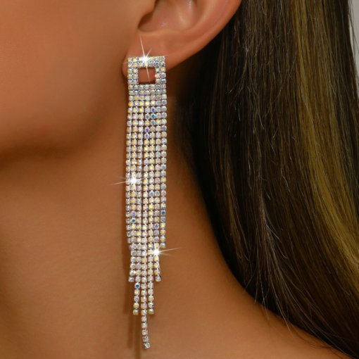 New European and American style Super Flash AB diamond long fringe earrings women's fashion luxurious style ear studs bridal ear jewelry - 图片 2
