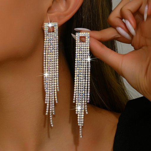 New European and American style Super Flash AB diamond long fringe earrings women's fashion luxurious style ear studs bridal ear jewelry