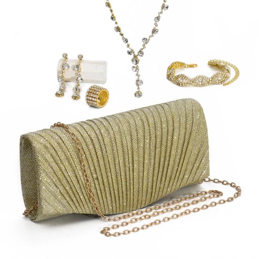 Bridal jewelry suit fashion simple rhinestone bracelet eardrop necklace Pu hand bag dinner bag six-piece set