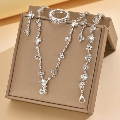 Wedding fashion hot jewelry suit European and American temperament gold and silver diamond-studded necklace bracelet earrings ring five-piece set - 图片 2