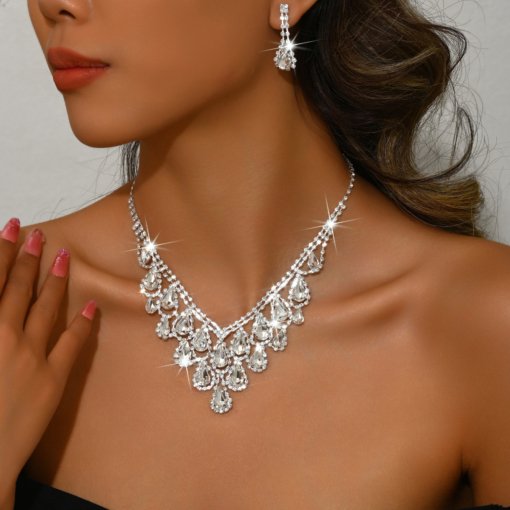 Foreign trade jewelry European and American diamond water drop necklace fashion personality necklace bridal evening dress necklace 2 pieces suit - Image 9