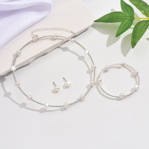 French single row Pearl zircon rhinestone collar bracelet earrings suit Bride wedding dress accessories clavicle necklace - 图片 6