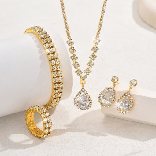 Bridal Ornament necklace bracelet earrings ring set rhinestone zircon wedding dress women wedding accessories advanced - 图片 9