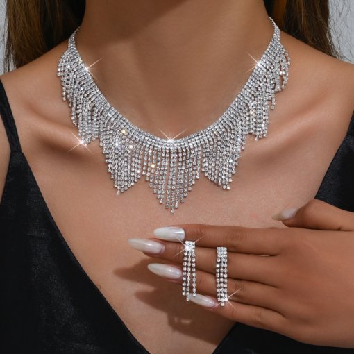 Bridal wedding suit necklace earrings two-piece set geometric full diamond wedding evening dress accessories cross-border hot set chain