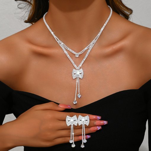 Jewelry set bridal banquet casual zircon necklace niche flower tassel pendant zircon earrings suit - 图片 4