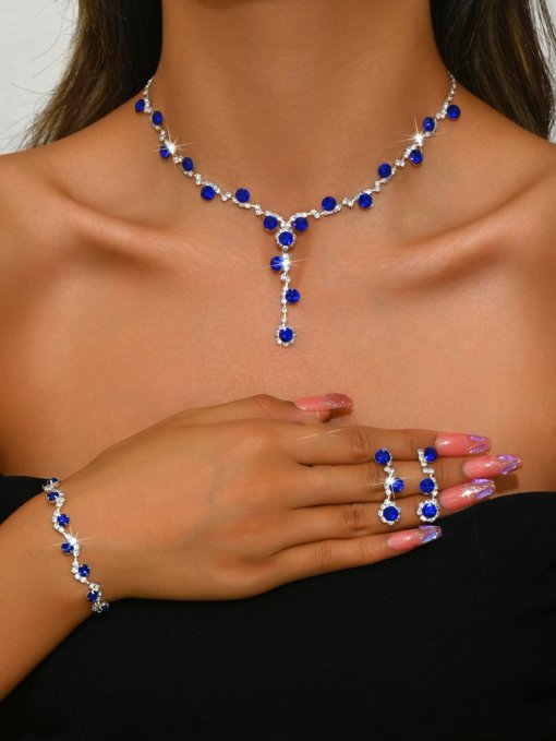 2024 cross-border fashion crystal rhinestone necklace ear stud bracelet ring jewelry wedding decoration all-match bride suit - 图片 16