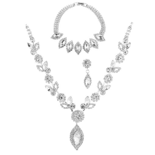 Cross-border European and American ornament wholesale bridal white crystal flower jewelry suit fashion banquet wedding necklace accessories - 图片 5