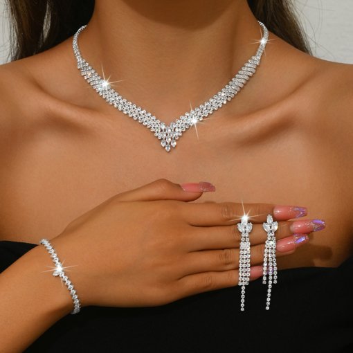 Cross-border AliExpress hot sale European and American bride ornament refined and simple clavicle necklace and earrings suite wedding dress accessories