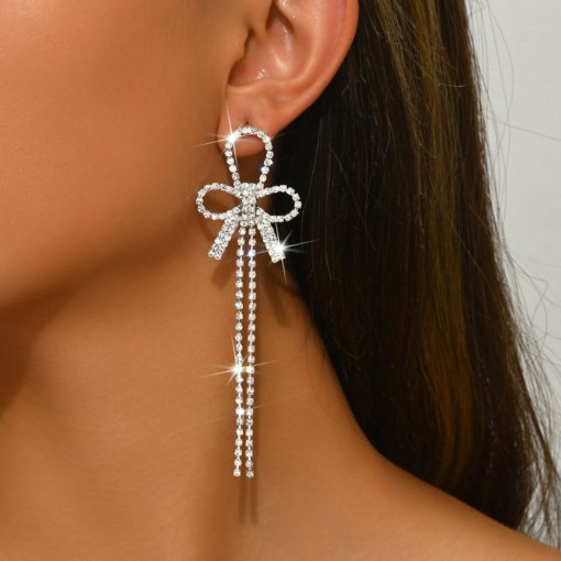 Amazon cross-border new fashion all-match bow earrings rhinestone long fringe temperament commute special-interest earrings women - 图片 2