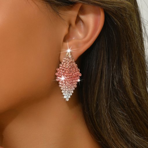 Europe and america cross border luxurious style shiny full diamond earrings women's fashion geometry pattern rhombic ear studs earrings factory direct sales - 图片 2