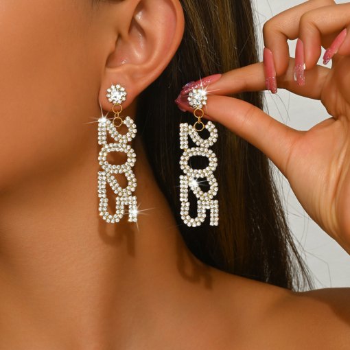 New year popular digital 2025 earrings eardrops personalized rhinestone digital earrings women's full diamond long pendant earrings jewelry - 图片 2