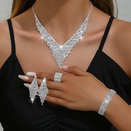 Hot selling cross-border women's jewelry fashion black tassels crystal stone silver necklace earrings 2-piece set - Image 3