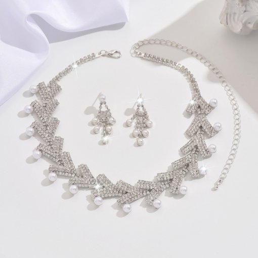 Europe and America cross border luxury shiny rhinestone pearl necklace two-piece earrings set bridal jewelry suit wedding suit - Image 5