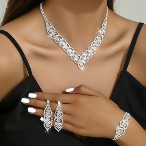 Factory Direct supply rhinestone necklace earrings bracelet three-piece bridal wedding dinner party accessories necklace wholesale - Image 4
