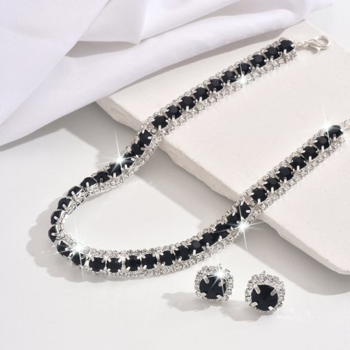 2025 hot sale square rhinestone necklace ear stud women's wedding party wear ornament bridal two-piece set - 图片 4