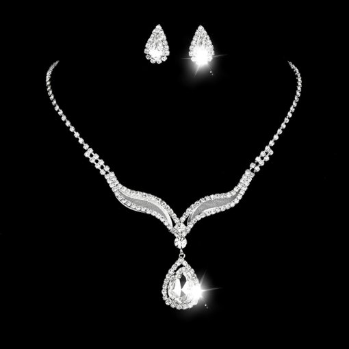 Cross-border supply hot sale crystal rhinestone jewelry necklace suit bridal wedding necklace earring bracelet three-piece set - Image 6