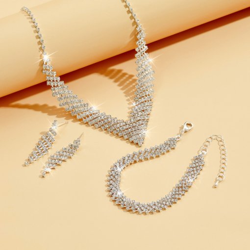 Wedding party accessories V-shaped inlaid rhinestone Silver Women's necklace earrings suit Flower Shadow