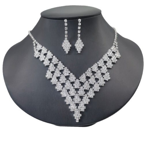 European and American rhombus V-shaped big brand shiny rhinestone quartz women's jewelry necklace earrings stud bridal jewelry suit - 图片 5