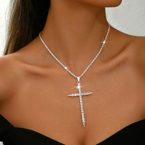 Cross-border exquisite cross necklace women's high-grade diamond-embedded light luxury rhinestone pendant necklace religious belief accessories