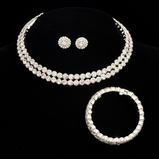 Hot sale luxury women's double row big water diamond silver collar hand ring stud earrings 3-piece set 888 - Image 3