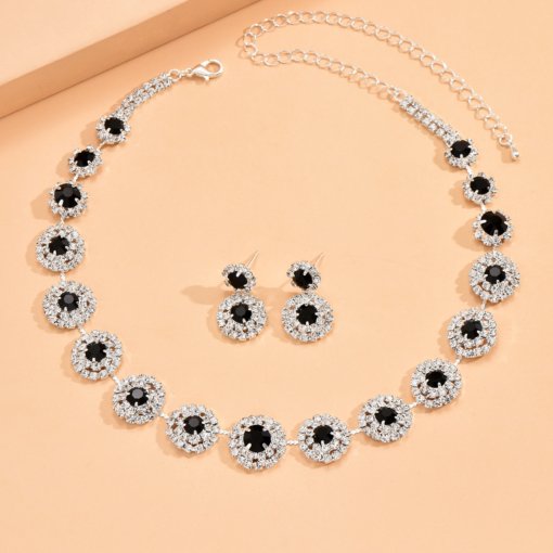 Cross-border hot jewelry suit luxury wedding party women's ornament round rhinestone quartz necklace and earring suit suit - 图片 6