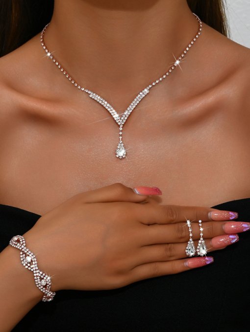 Cross-border e-commerce bride jewelry for girls European and American rhinestone necklace earrings earrings wedding jewelry suit wholesale - Image 22