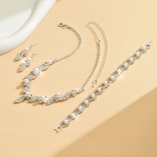 Cross-Border sold jewelry wholesale bridal wedding jewelry imitation pearl rhinestone necklace earring bracelet sets of chains - 图片 2