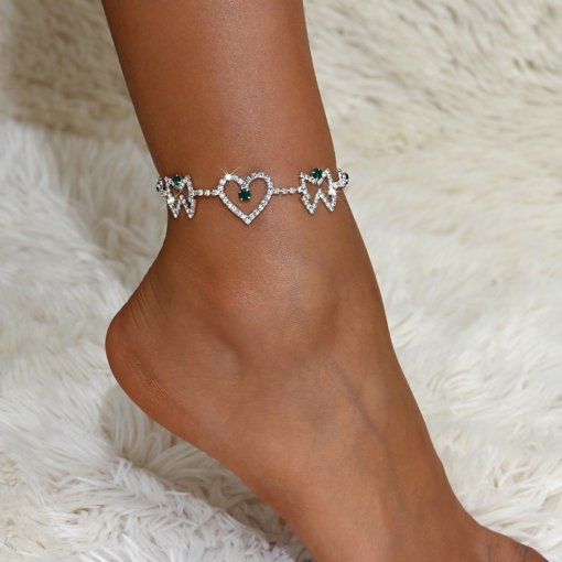 New hot sale fashion popular temperamental tassels rhinestone love heart foot ornaments rhinestone full diamond anklet European and American supply wholesale