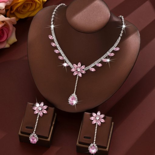 Fashion Fashion zircon luxury necklace and earrings suite ins live popular wear dress pink flower tassel - Image 5