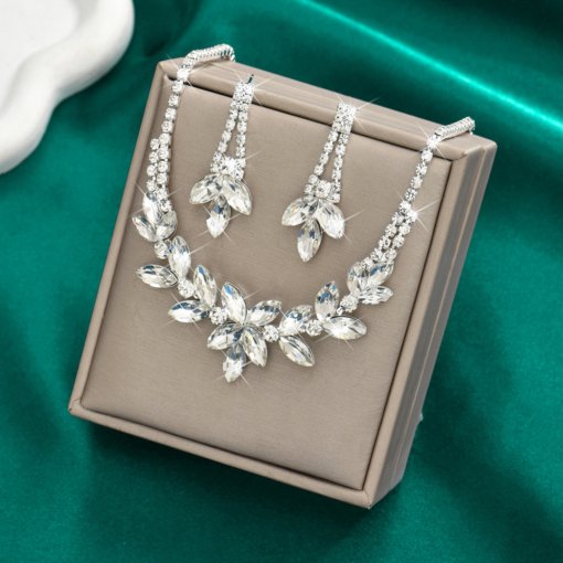 Factory Direct supply bridal jewelry suit rhinestone crystal flowers necklace earrings full diamond dinner dress accessories - 图片 2
