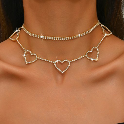 Necklace European and American fashion jewelry multi-layer love Necklace rhinestone simple double row chain sweet cool hot girl Necklace - 图片 2