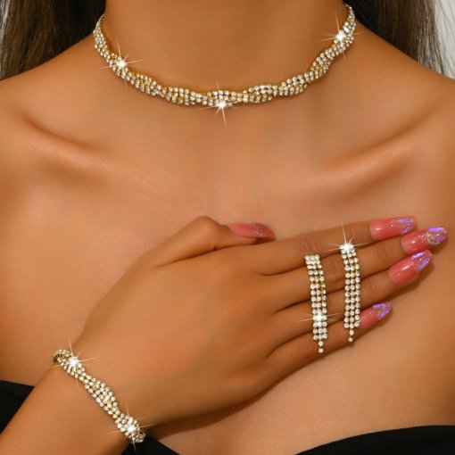 Wedding party decorations ladies decoration fashion claw chain bright diamond banquet bracelet necklace earrings four-piece set