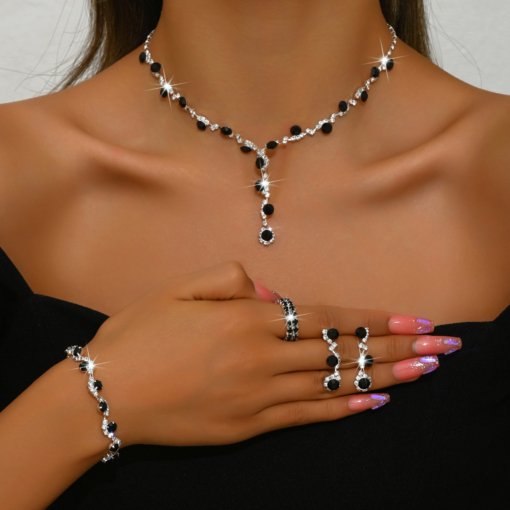 2024 cross-border fashion crystal rhinestone necklace ear stud bracelet ring jewelry wedding decoration all-match bride suit