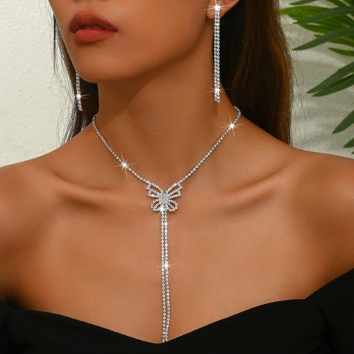 Factory batch high-grade bowknot love claw chain earrings necklace all-match light luxury clavicle chain Jewelry Set - 图片 2