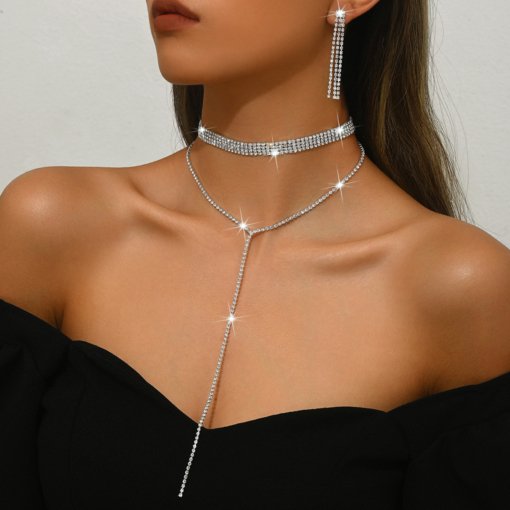 Europe and America cross border new full diamond multi-layer necklace fashion simple style long tassel necklace clavicle chain female accessories wholesale - Image 2