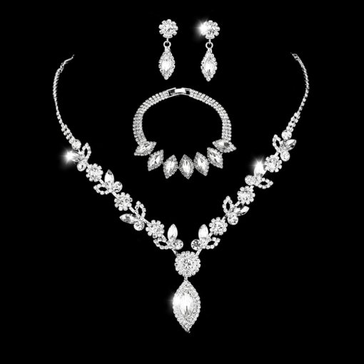 Cross-border European and American ornament wholesale bridal white crystal flower jewelry suit fashion banquet wedding necklace accessories - 图片 7